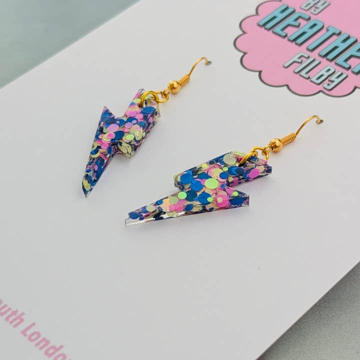 By Heather Filby – wholesale Dangle earrings – Small Blue, Pink and Yellow Glitter Lightning Bolt Earrings3