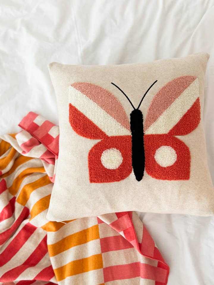 Butterfly Pillow- cover Pink, punchneedle embroidery for wholesale by Funky Doris
