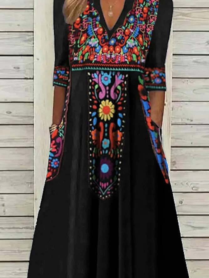 Sommerliches Maxikleid mit Boho-Blumendruck und V-Ausschnitt ZK1462 für den Großhandel von UNISHE