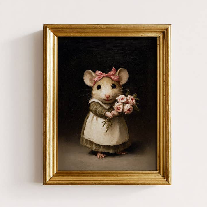 Storybook Mouse Holding Roses Art Print for wholesale by Paper House Print Shop