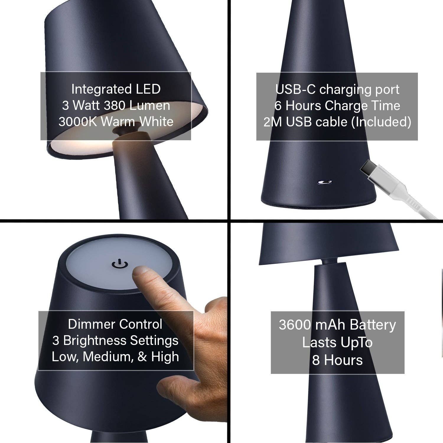 Happy Homewares – wholesale Accent/desk lamp – Matte Black Rechargeable 3w LED Touch Dimmable Table Lamp with Metal Cone Shade3