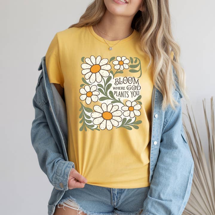 Bloom Where God Plants You Tee – Floral Faith Inspirational for wholesale by Story & Grace Co