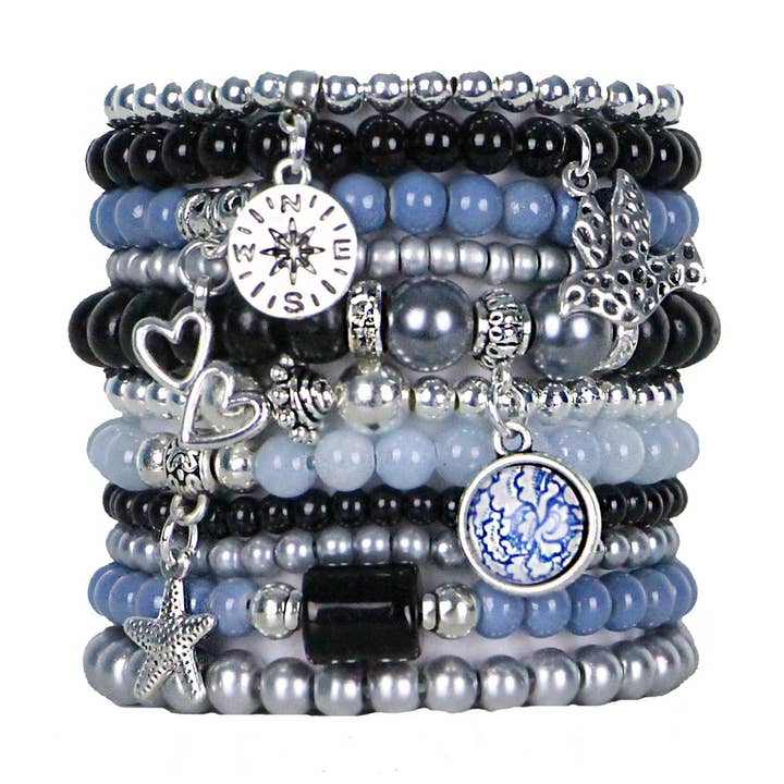 Braccialetti elastici fatti a mano con perline in blu e nero per la vendita all'ingrosso da parte di Bohemian Bracelets