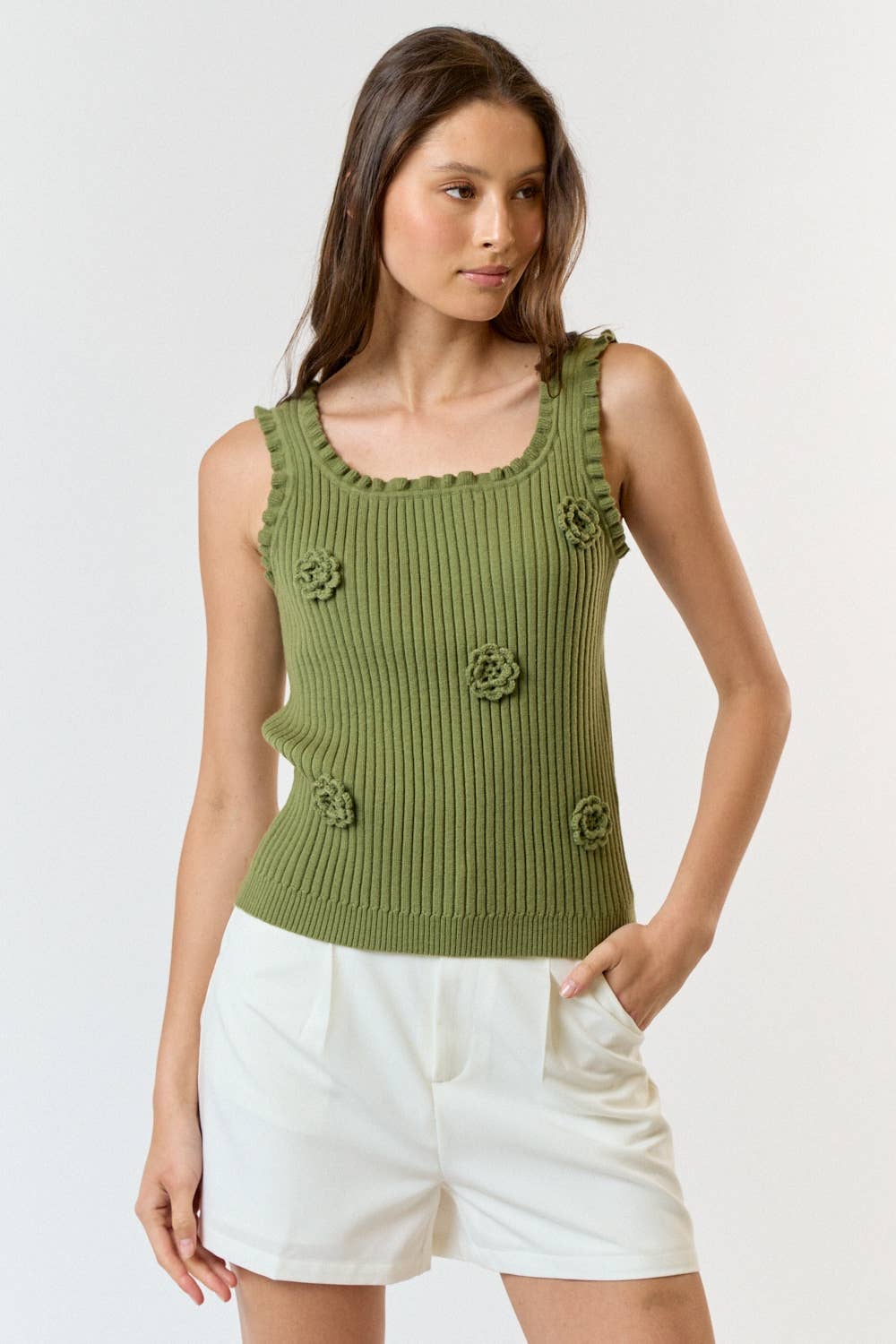 Lalavon - Wholesale Knit Top - Women's - ILT3740 3D Crochet Flower And Ruffled Hem Knit Tank Top 5