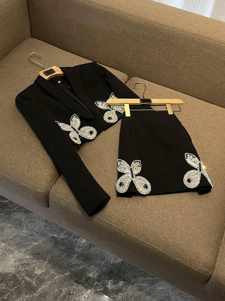 Sanyao Fashion - Wholesale Suit Set - Women's - SY396 Pink Suit with Diamond Bow Decor and Short Hip Skirt 5