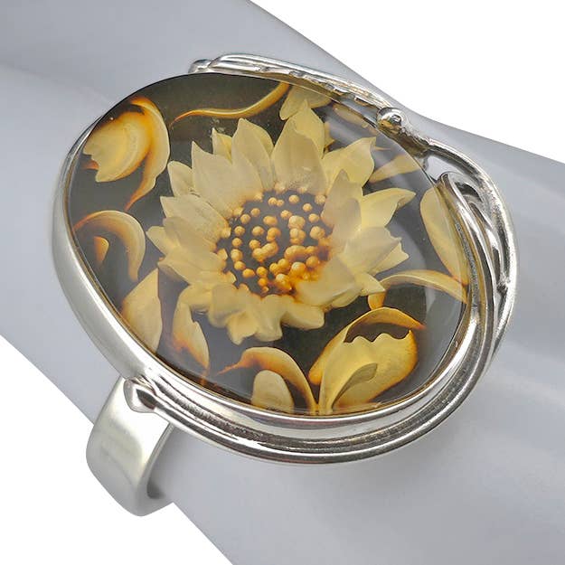 Sunflower Cameo Amber Adjustable Ring for wholesale by Amberman