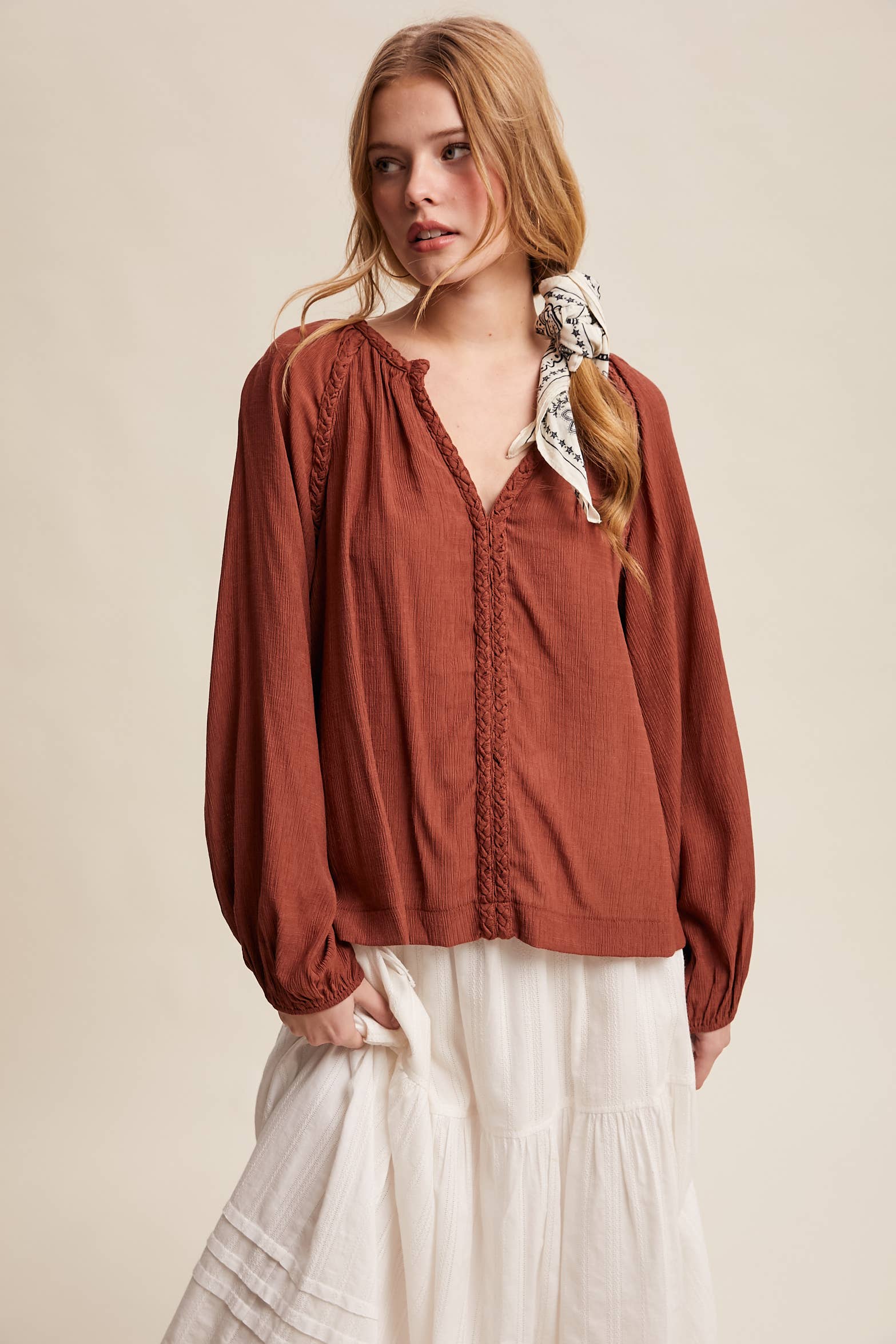Listicle - Wholesale Blouse - Women's - Braided Trim Peasant Blouse LT144714