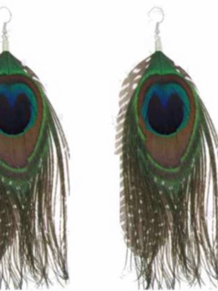 Natural Peacock Feather Dangling Fish Hook Earrings for wholesale by International Duru's