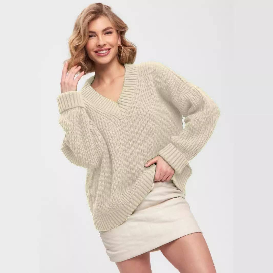 Marayn - Wholesale Knit Sweater - Women's - New European AutumnWinter Vneck Loose Knit Sweater27