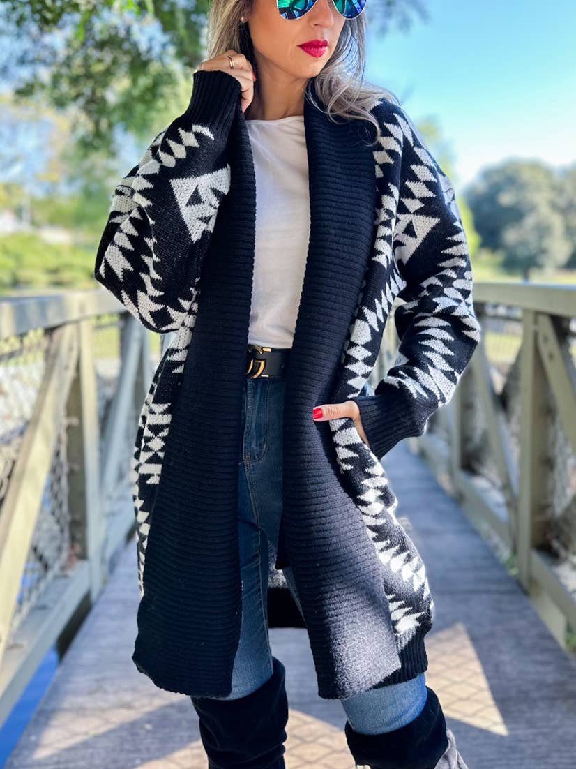 Black Aztec Printed Lightweight Cardigan with Pockets for wholesale on Faire4