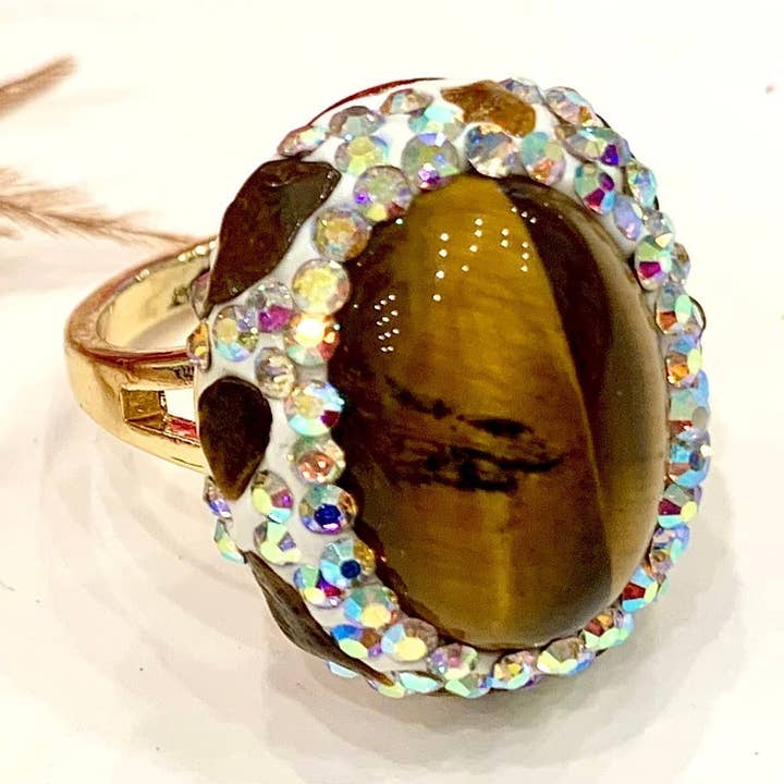 ANILLO ISANA TIGER'S EYE ~ EN PIEDRA DURA NATURAL y metal de latón galvanizado y bañado en rodio para venta al por mayor de Atisha Spiritual Shop