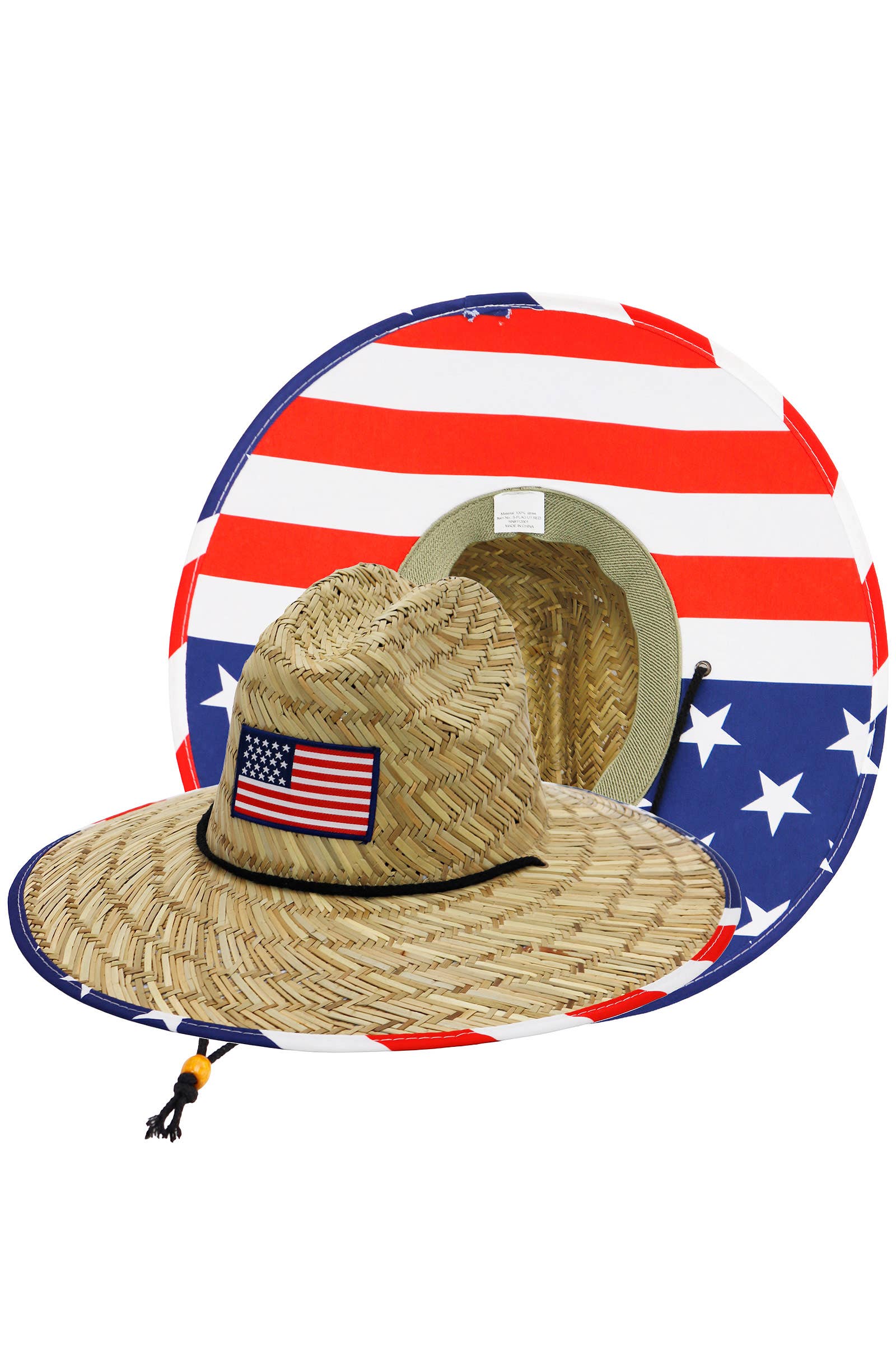 Cap Zone - Wholesale Straw Hat - Unisex - American Flag Under Brim Rush Straw Lifeguard Hat0