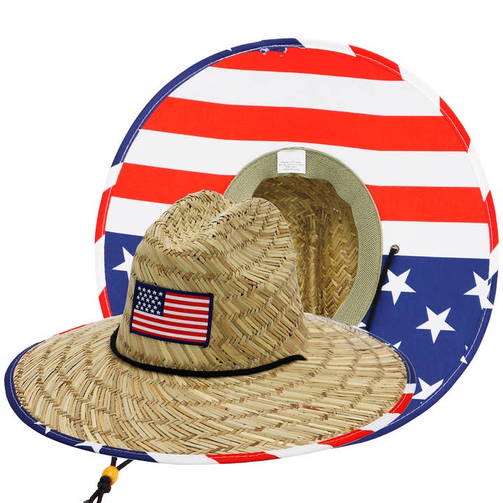 Cap Zone - Wholesale Straw Hat - Unisex - American Flag Under Brim Rush Straw Lifeguard Hat