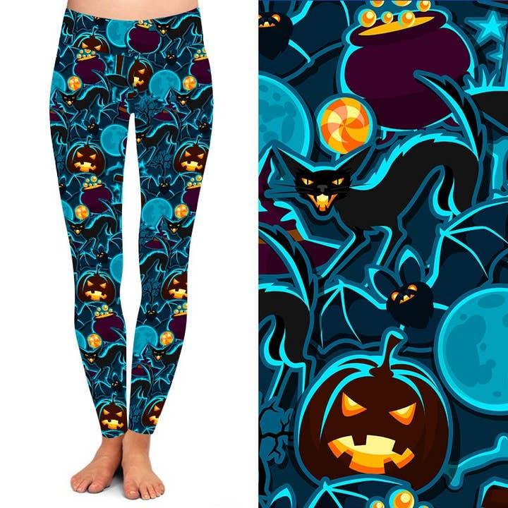 Leggings di Halloween a forma di zucca blu con tasche per la vendita all'ingrosso da parte di My Legging Company