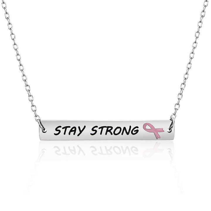 Stay Strong Inspirational Bar Necklace Pink Ribbon Cancer for wholesale by Joyful Sentiments