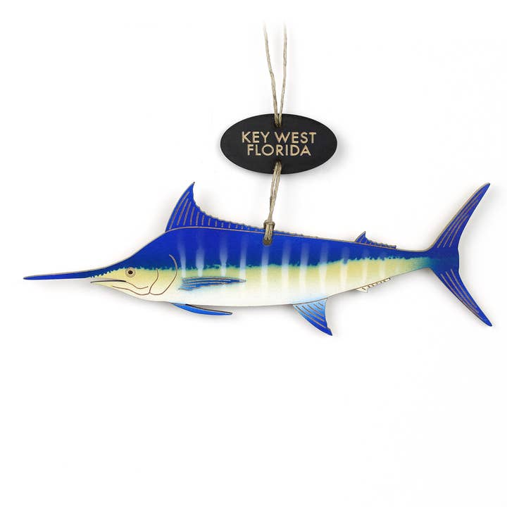 Blue Marlin Fish Ornament With Optional Custom Name Drop Tag for wholesale by Dinosaurnaments