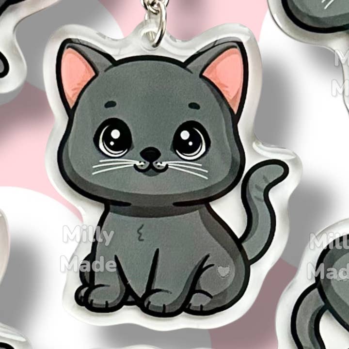 Gray Shorthaired Cat Acrylic Keychain with Epoxy Resin | Easy-Clip, Cute Cat Cartoon, Hand-Drawn Design, Cat Lover Gift for wholesale by Milly Made Designs