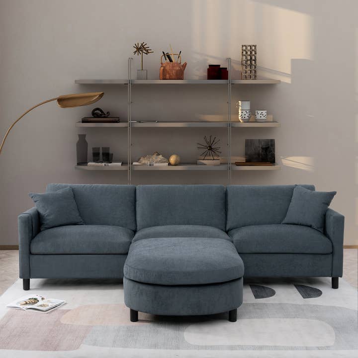 Orange County Decor - Wholesale Sofa - 107.87'Sectional Sofa Couch With 1 Ottoman,Seat Cushion And Back Cushion Removable Dark Gray Polyester