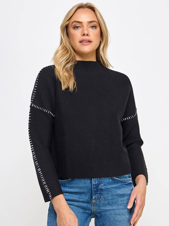 Ellison - Wholesale Knit Sweater - Women's - RT-3913-6 CONTRAST STITCH MOCK NECK SWEATER BLACK