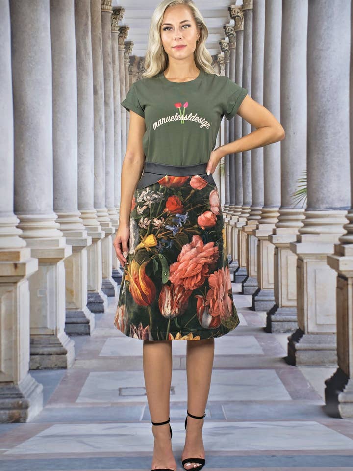 Midi nederdel « Floral » i fløjl og vegansk læder for engroshandel hos MANUEL ESSL DESIGN