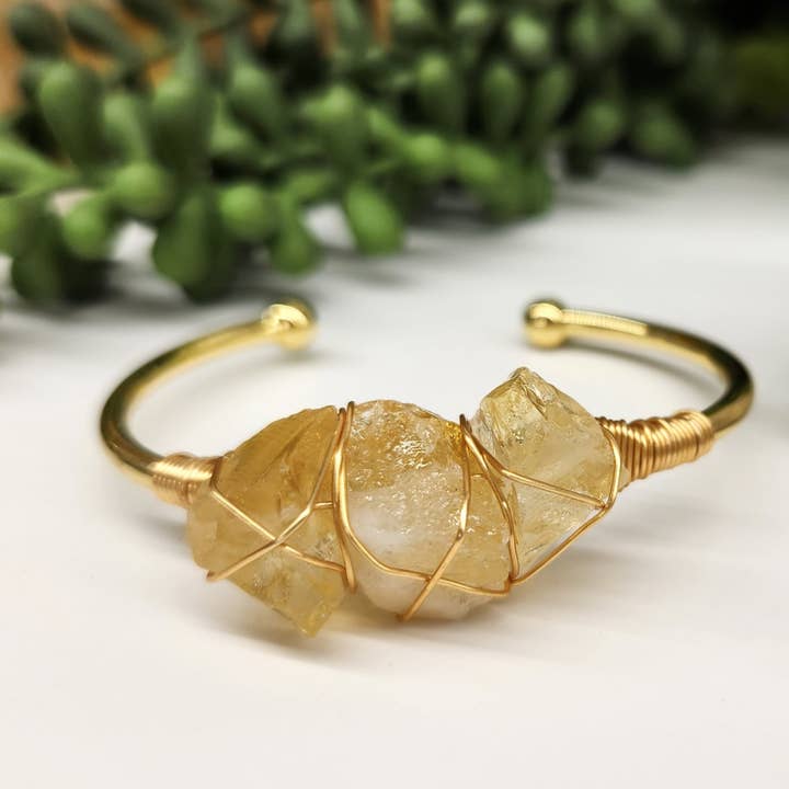 Citrine 3 Rough Gemstones Wire Wrapped Bangle Bracelet for wholesale by Meraki Gemstones