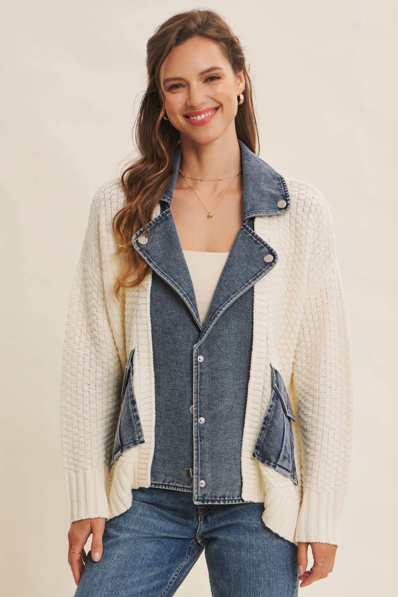 in february - Wholesale Cardigan - Women's - WASHED DENIM AND SWEATER MIXED OVERSIZED CARDIGAN13