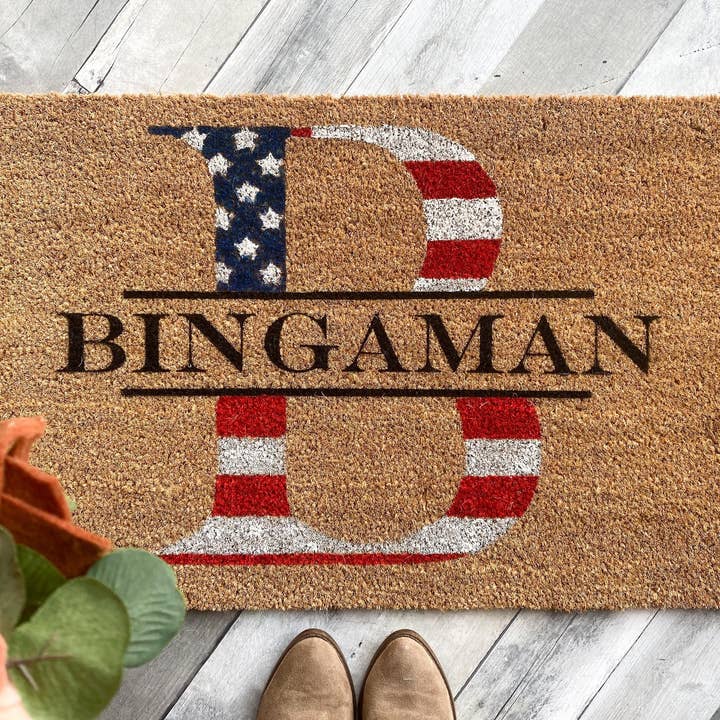 American Flag Last Name Doormat for wholesale by PaintedStorkDesigns