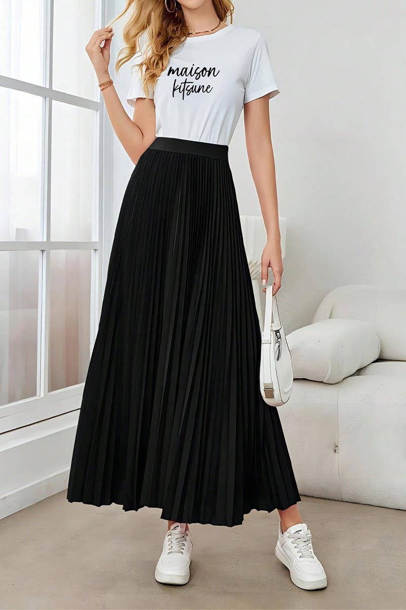 BLACK CWBLS0513_PLEATED FLARED A-LINE POLYESTER MIDI SKIRT for wholesale on Faire4