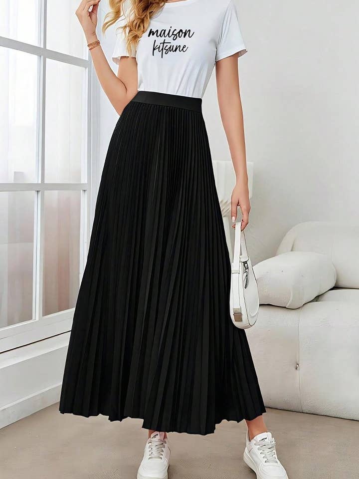 BLACK CWBLS0513_PLEATED FLARED A-LINE POLYESTER MIDI SKIRT for wholesale on Faire4