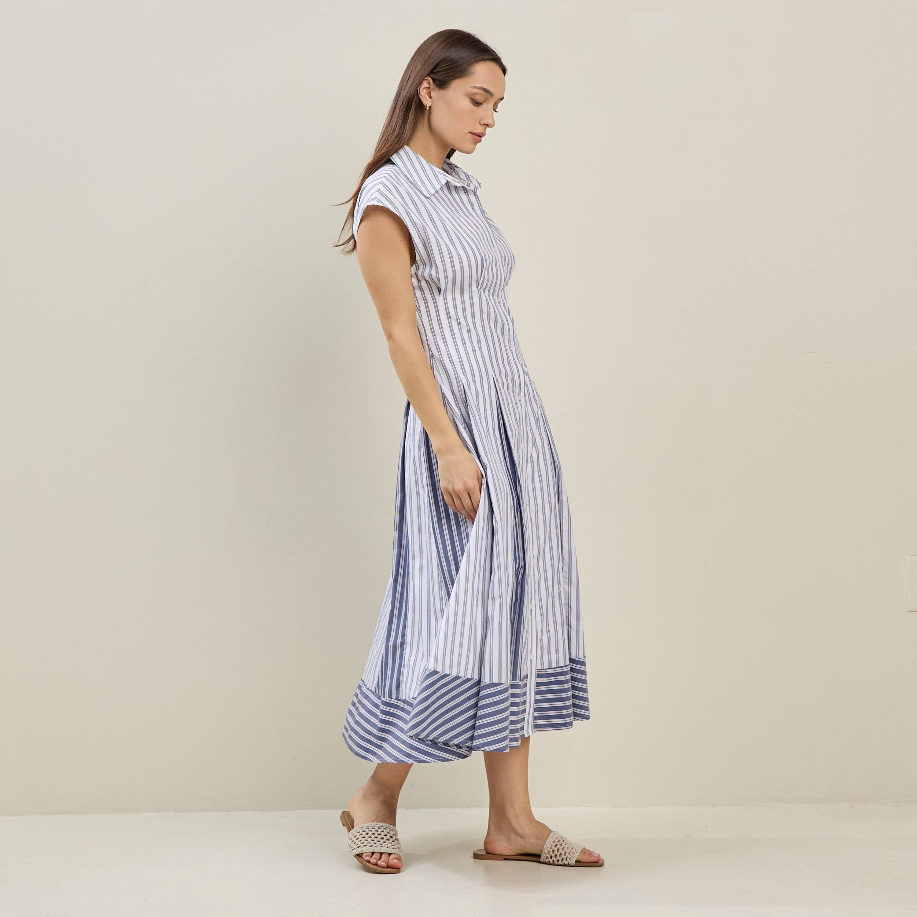 IVORY BLUE Pinstriped colorblock shirtdress for wholesale on Faire3