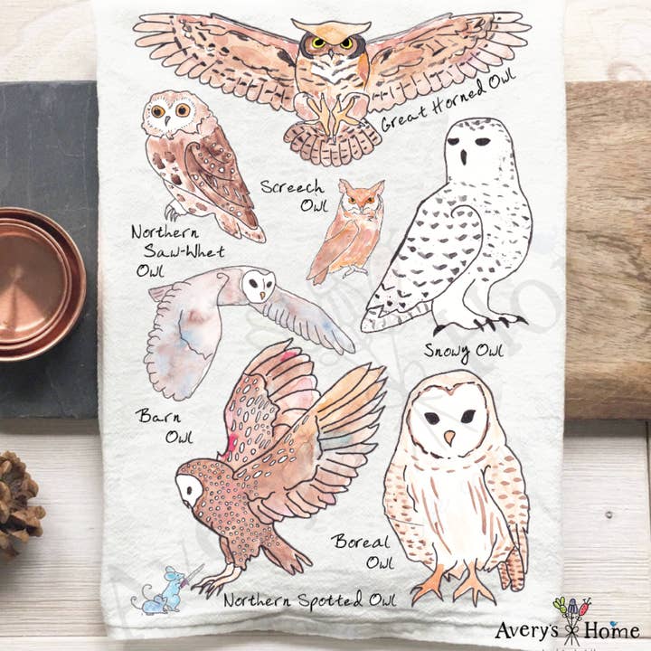 Owls of North America Bird Watcher Gift Dish Towel for wholesale by Avery's Home