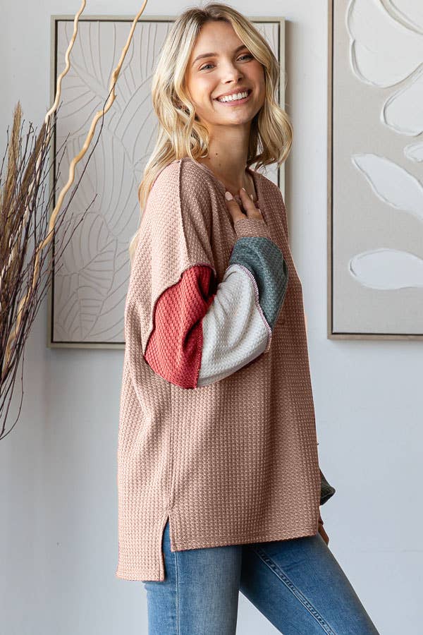 7th Ray – wholesale Knit top – Women's – Waffle Knit Color Block Button Front Balloon Sleeve TopT572412
