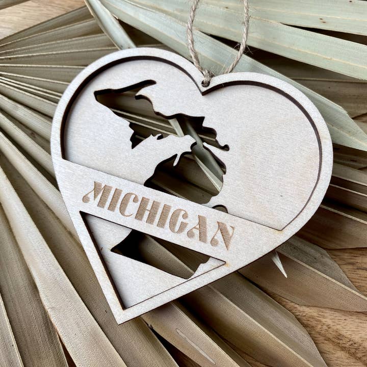 Feather and Birch - Wholesale Ornament - Michigan Heart 3D Wood Ornament
