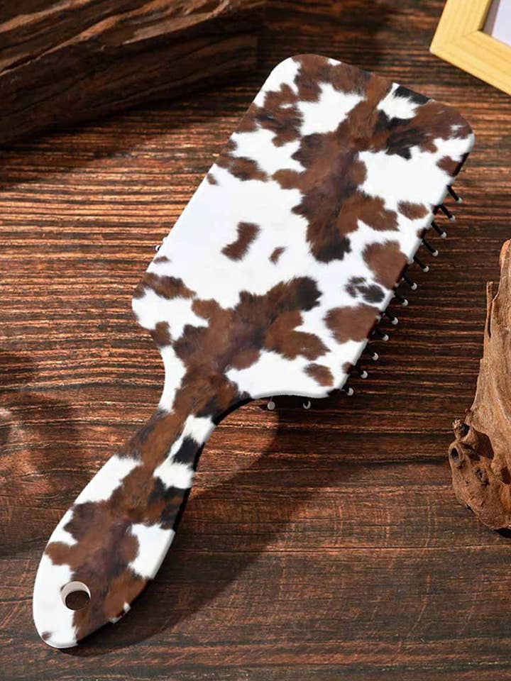 Chestnut Cow Print Air Cushion Hair Brush with Long Handle for wholesale by Suhkasana
