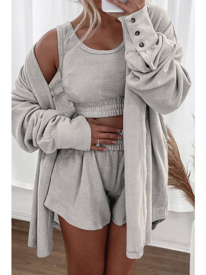 Little Daisy Closet - Wholesale Lounge Set - Women's - LDC 3 Pcs Crop Tank Top Shorts with Cardigan Lounge Set2