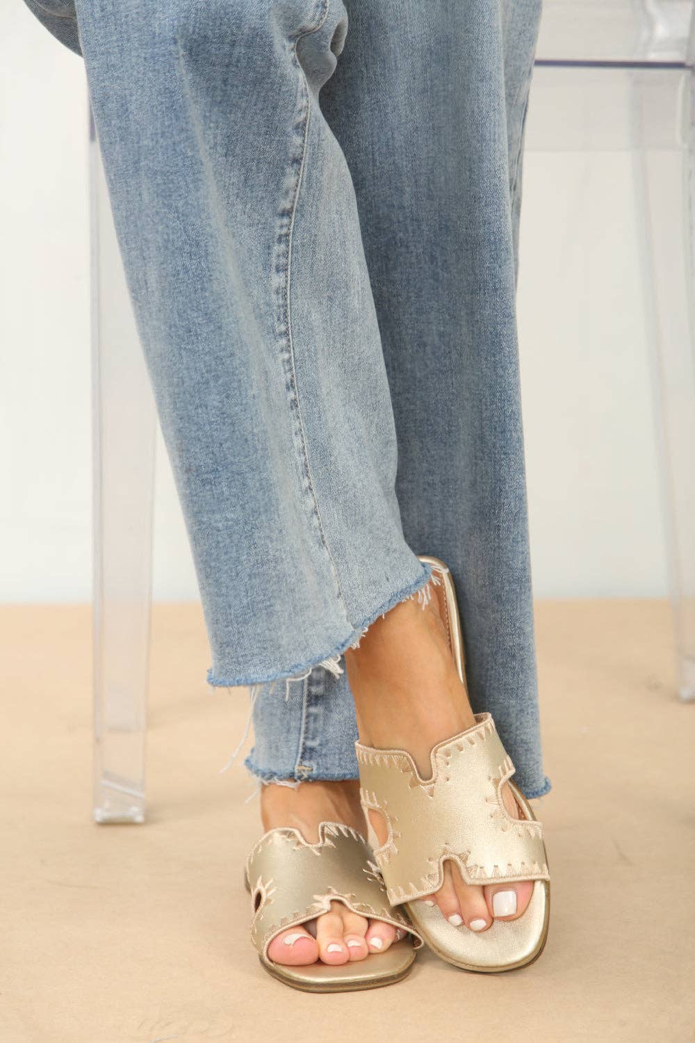 GOLD FAUX LEATHER STITCH DETAIL DESIGNER STRAP SANDALS for wholesale on Faire1