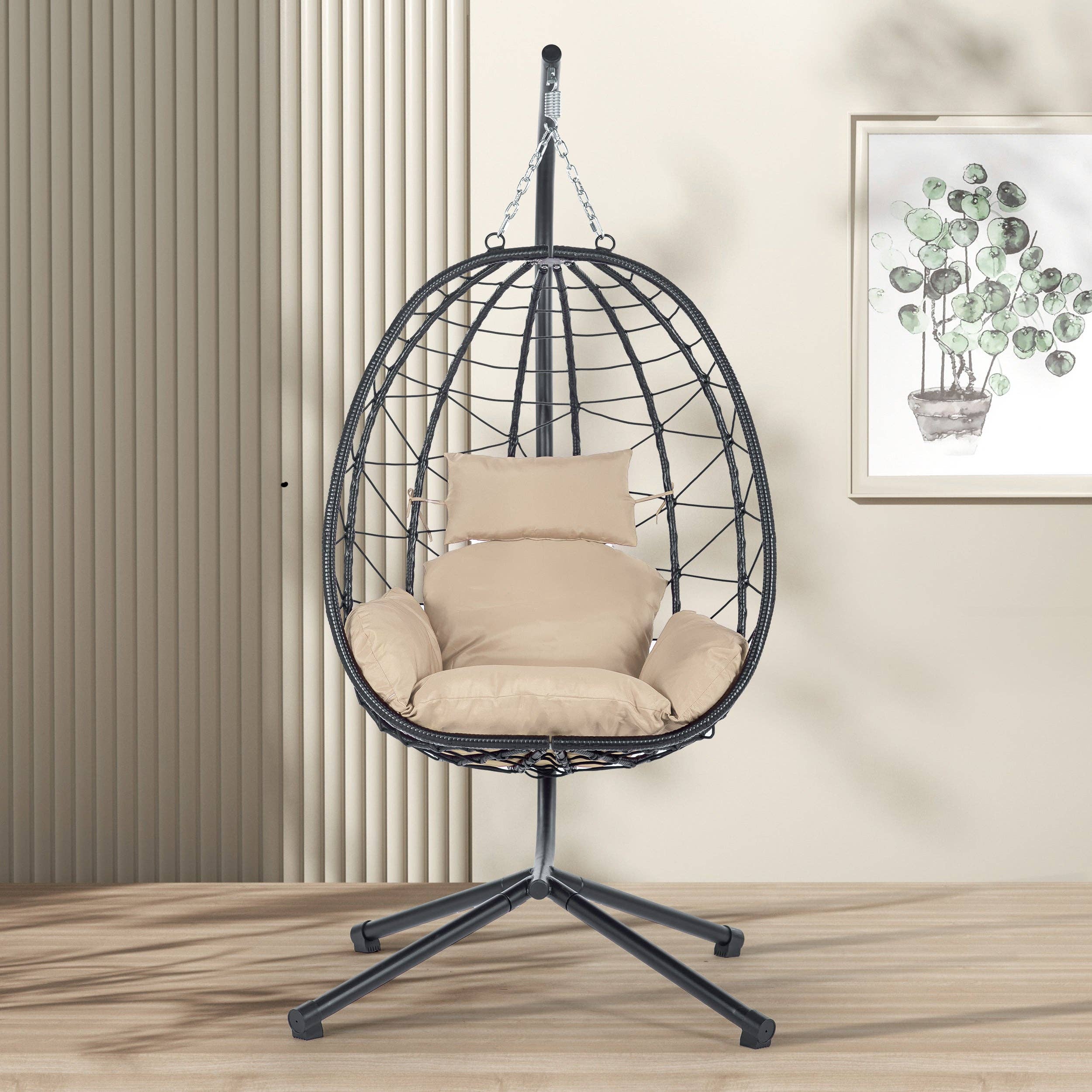 39F Inc. - Wholesale Egg Chair - Beige Wicker Hanging Egg Chair with Stand for Indoor Outdoor2