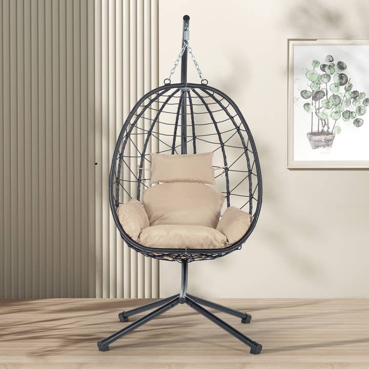 39F Inc. - Wholesale Egg Chair - Beige Wicker Hanging Egg Chair with Stand for Indoor Outdoor2