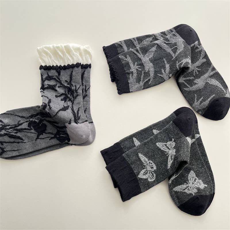 Tourtiwi – wholesale Socks – Women's – Artful Grey Crew Socks - Bird, Butterfly & Botanical Motifs5