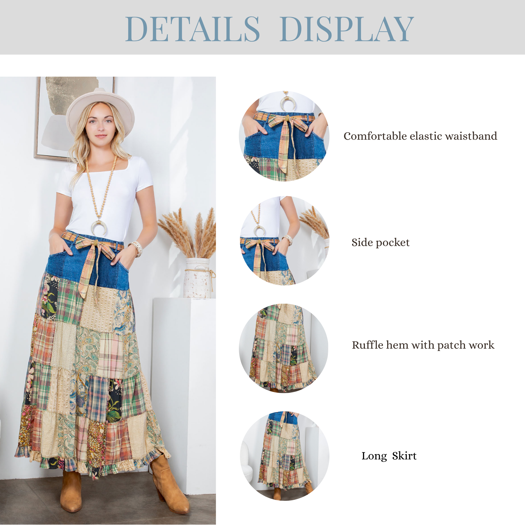 Young Threads - Wholesale Skirt - Women's - Western Boho Chic: Patchwork Belted Skirt  (New Color)11