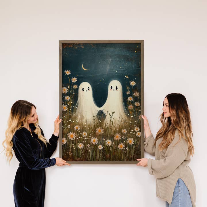 Hangout Home - Wholesale Art Print - Two Cute Ghosts Holding Hands in Flowers - Halloween Artwork
