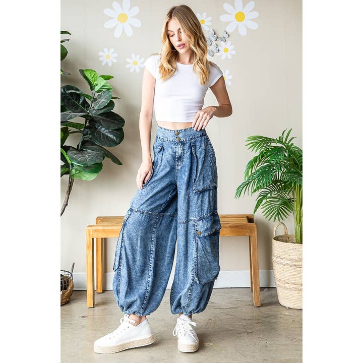 DENIM WASHED MID RISE 3D POCKETS CARGO PANTS for wholesale on Faire