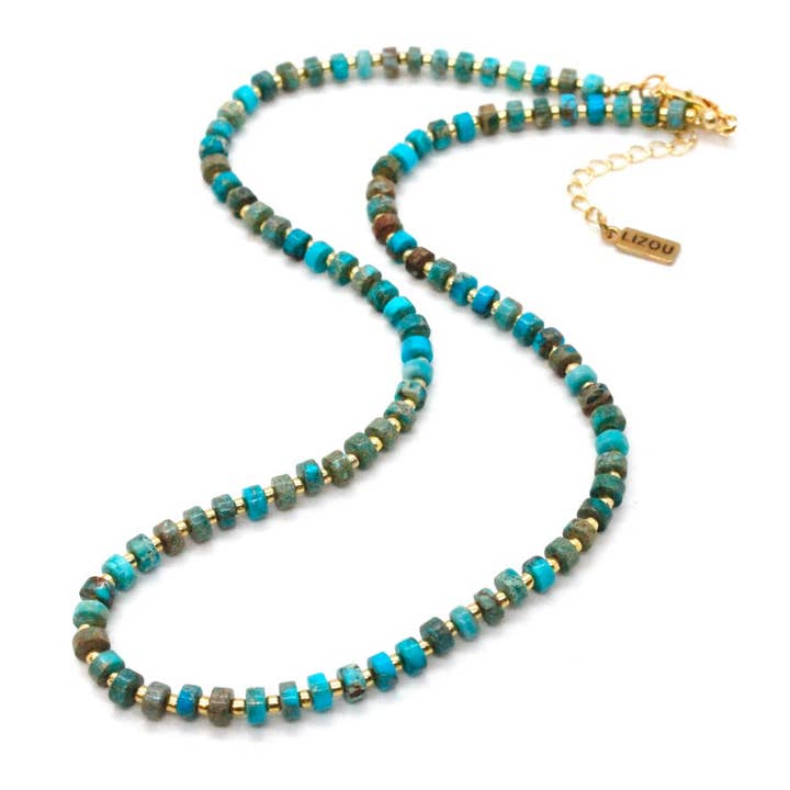 Turquoise and Gold Short Beaded Necklace for wholesale by LIZOU