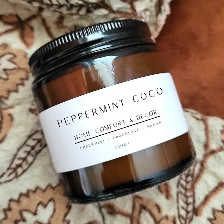 Pebermynte+Chokolade ~ 3 oz. Amber Glass Soy Candle for engroshandel hos Home Comfort and Decor LLC