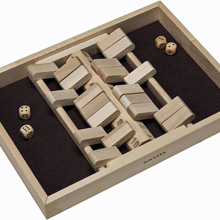 2 Player Wood Shut the Box, 10 Number, 14 in. Made in USA for wholesale by Wood Expressions