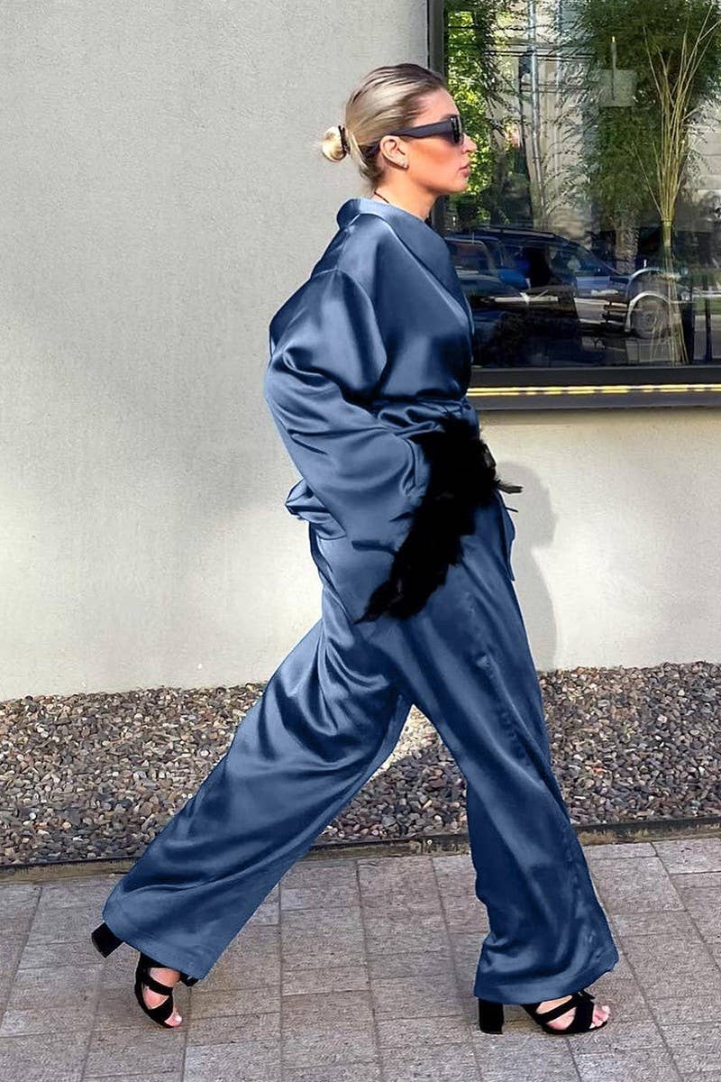 BLEU ENSEMBLE DE MAISON EN SATIN PLUME COULEUR UNIE CWSPJ0165 en vente sur Faire3