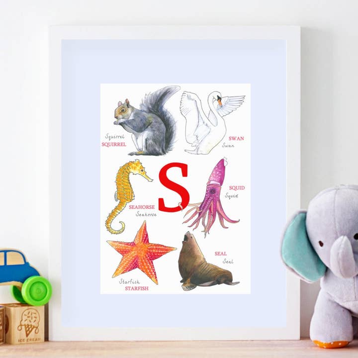Animal Alphabet Letter S, Nursery Print, Children'S Prints for wholesale by Sarah Gregory Designs
