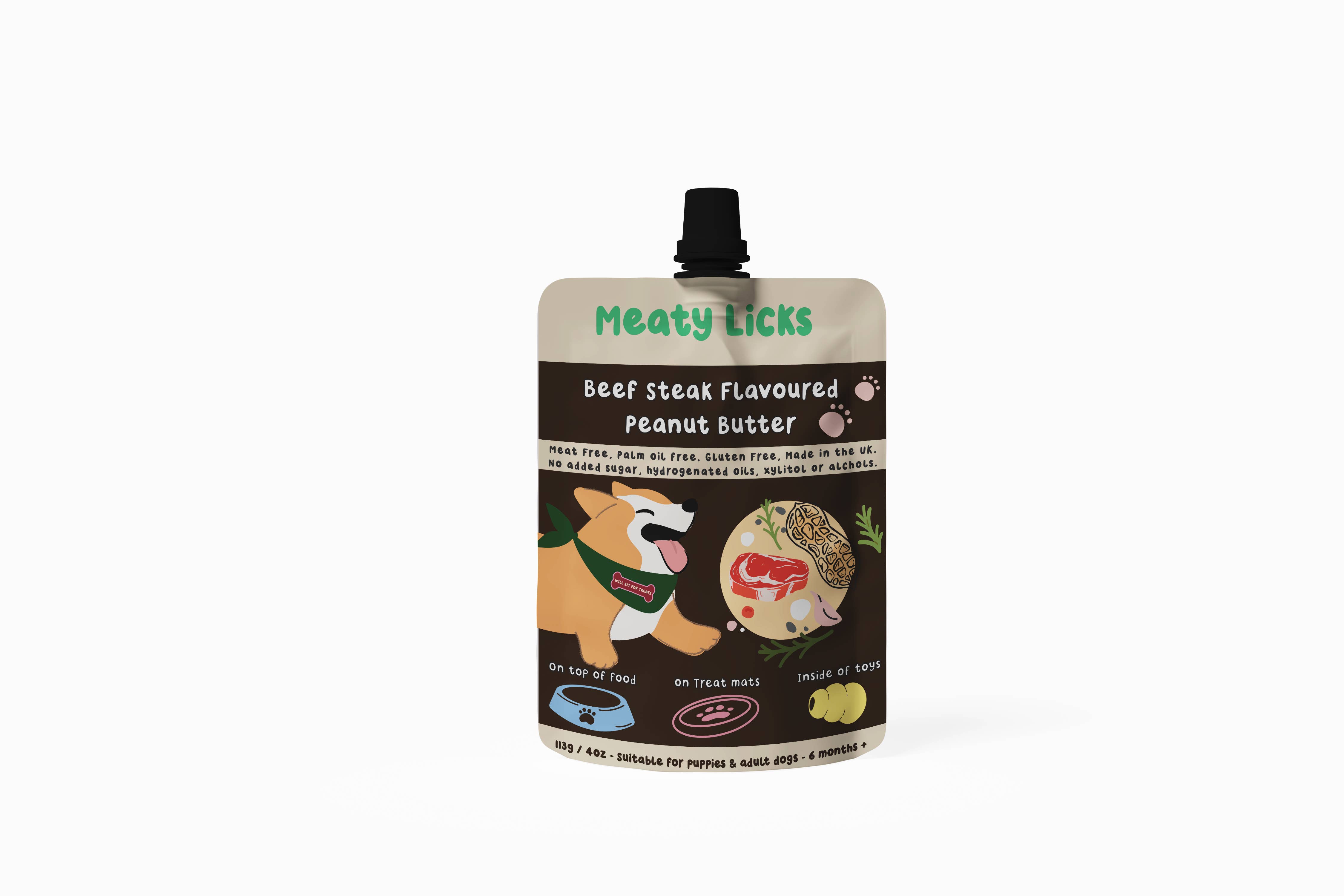 Apex Pet Products (Meaty Bubbles) - Wholesale Pet Treats - Dog - Roast Beef flavoured Peanut Butter Pouch for dogs 113g 4oz