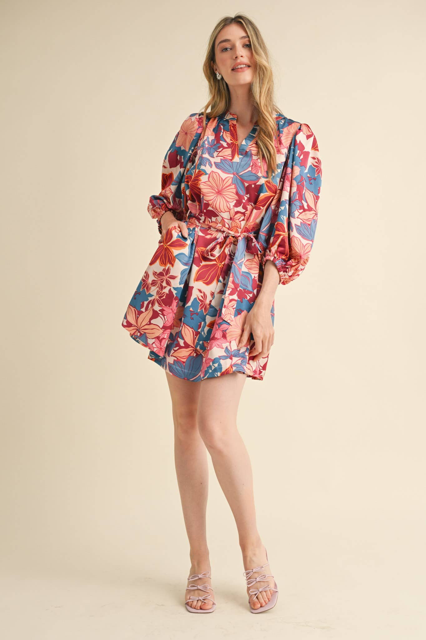 &MERCI - Wholesale Dress - Women's - EXCLUSIVE PRINT PUFF SLEEVE TYING WAIST MINI DRESS MDR33533