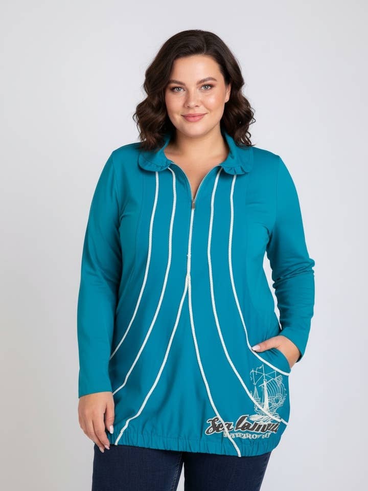 Blå tunika i stora storlekar med ribbning och tryck (A560) för wholesale av Pomme Rouge Paris